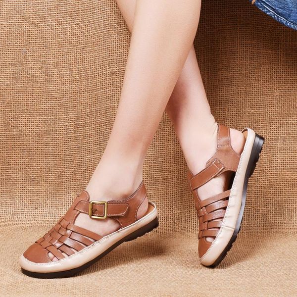 

women gladiator sandals summer shoes round toe flat ladies genuine leather lightweight slingback casual, Black