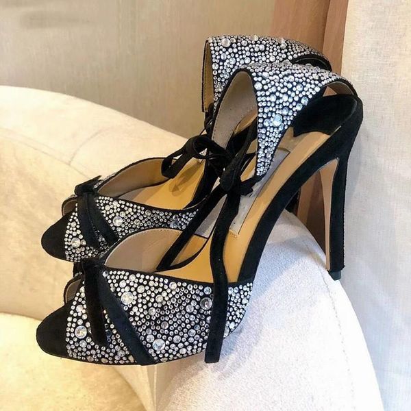 

sandals women summer high heel fashion rhinestone handmade pearls peep toe lace up design wedding party stiletto shoes, Black