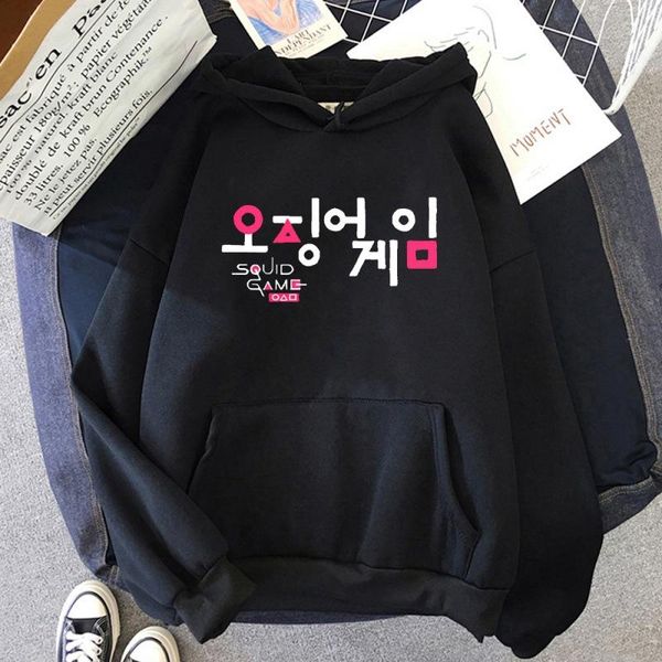 

men's hoodies & sweatshirts squid game hoodie long sleeve printed pullover women tracksuit 2021 korea tv series fashion clothes plus, Black