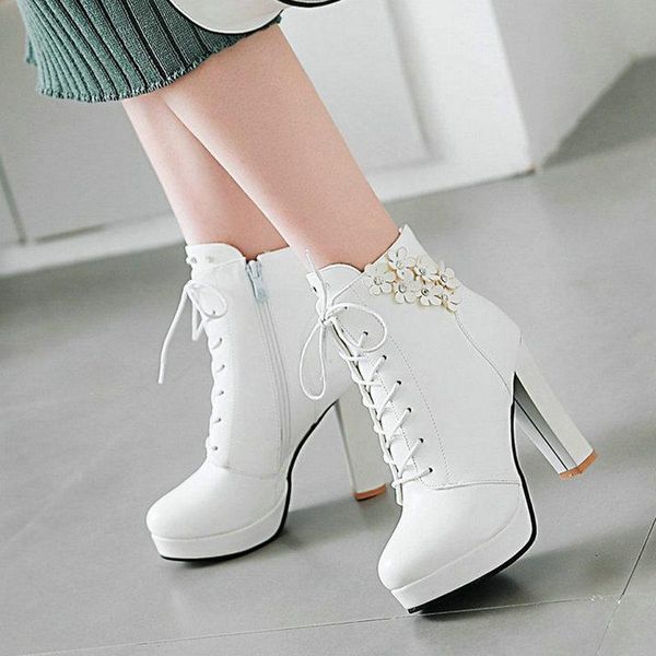 

boots women flower thick high heel comfy platform ankle fashion zipper cross tied round toe autumn winter shoes black white