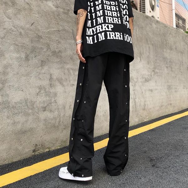 

men's pants side buttons hip hop harem for mens 2021 japanese fashion trends wide leg sweatpants teen harajuku baggy jogging trousers, Black