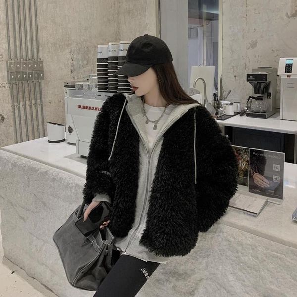 

women's jackets make firm offers brim ins fashionable splicing false two coats hooded draw string maomao cardigan, Black;brown