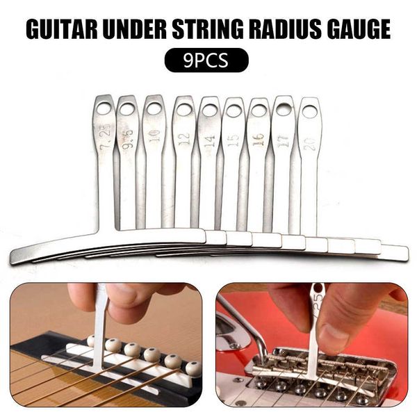 9Pcs Guitar Under String Radius Gauge Costruttore di chitarre in acciaio inossidabile Strumenti per liutaio Corde per basso Set di riparazione Misura per corde per basso