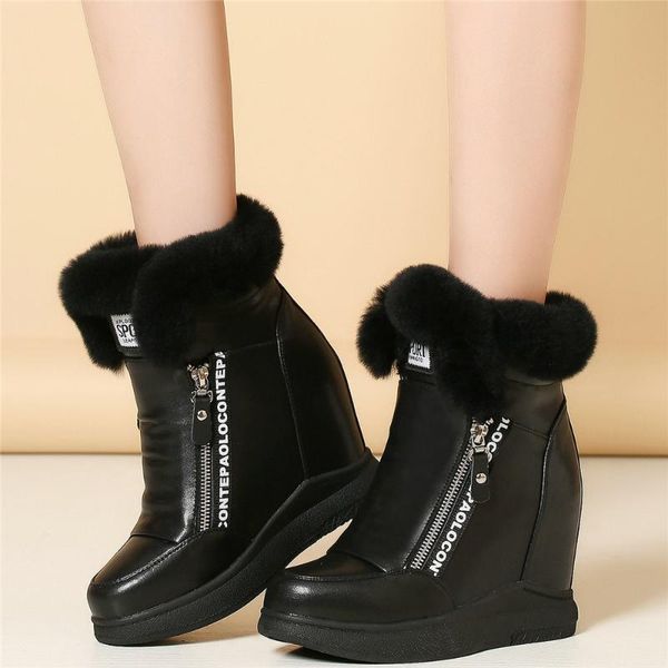 

boots high pumps women genuine leather wedges heel snow female warm fur round toe fashion sneakers casual shoes, Black