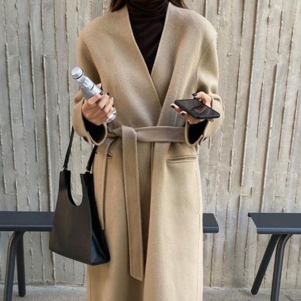 

women's wool & blends women elegant long coat with belt casual loose solid color sleeve chic outwear ladies overcoat autumn winter 2021, Black