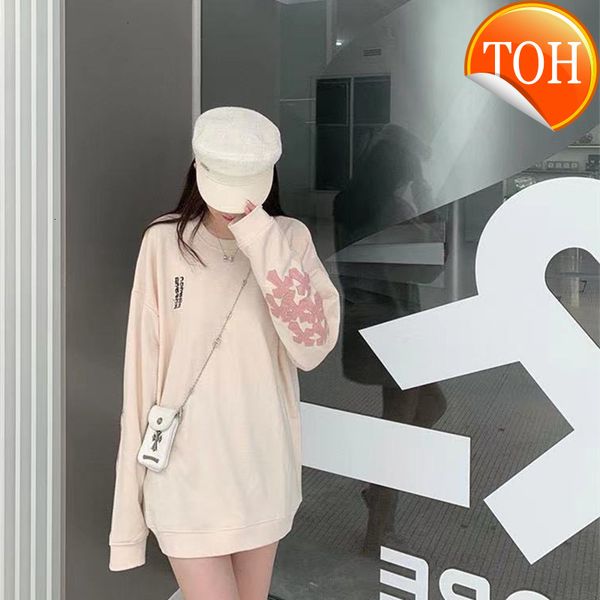 

21ss autumn and winter new fashion ch crow ~ stitched pink cross terry round neck sweater ins trend, Black