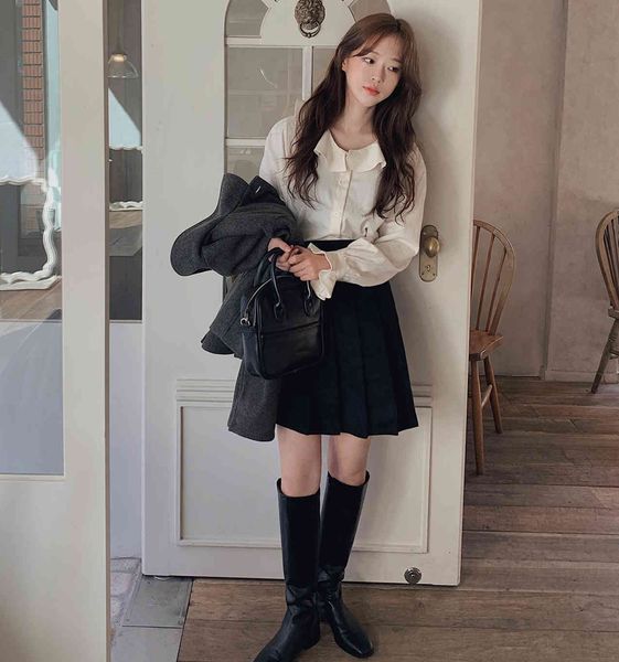 

s-xl spring vintage girls blouse womens shirt long sleeves black skirts high waist two piece set women separate 210417