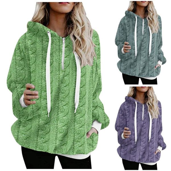 

women's hoodies & sweatshirts 2021 pure color hoodie for woman pocket female winter plush pullover hooded loose sweetshirt long sleeve, Black