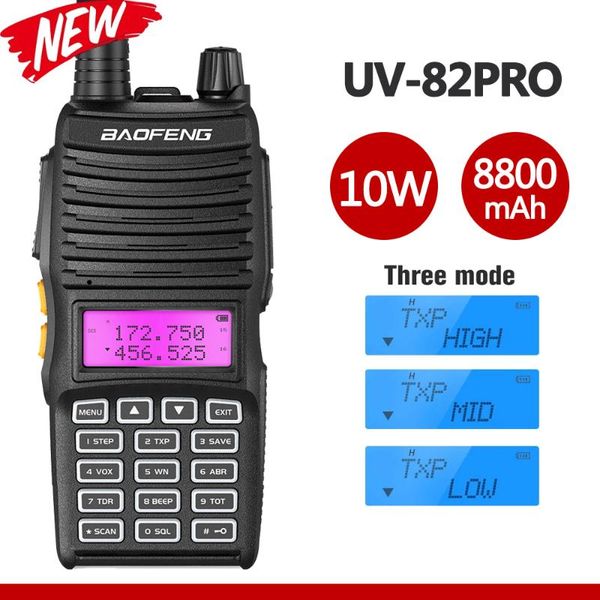 

walkie talkie baofeng uv-82pro dual band 136-174&400-520mhz 10w max power 30km long range 8800mah tri-power 10w/5w/1w upgrade of uv-82 walki