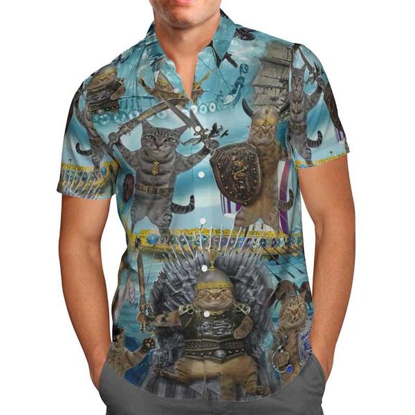 

men's casual shirts funny cat 3d beach hawaiian 2021 summer shirt short sleeve streetwear oversized 5xl camisa social chemise homme-117, White;black