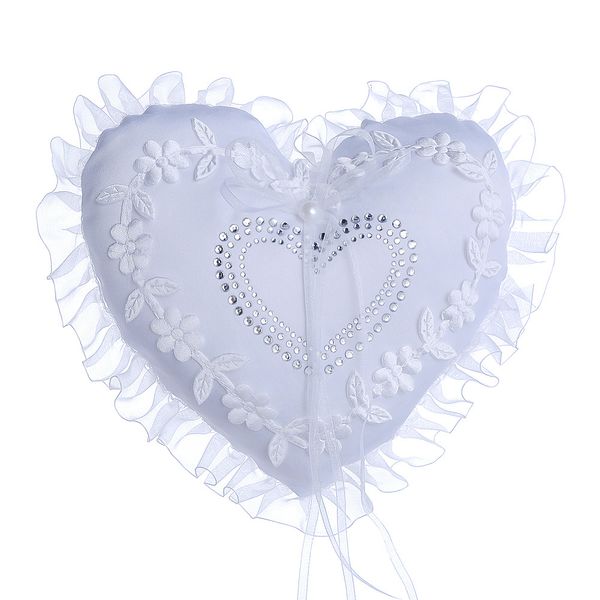 Cuscino per fedi nuziali bianchi a forma di cuore Cuscino per feste in raso floreale Fornitori di decorazioni di alta qualità