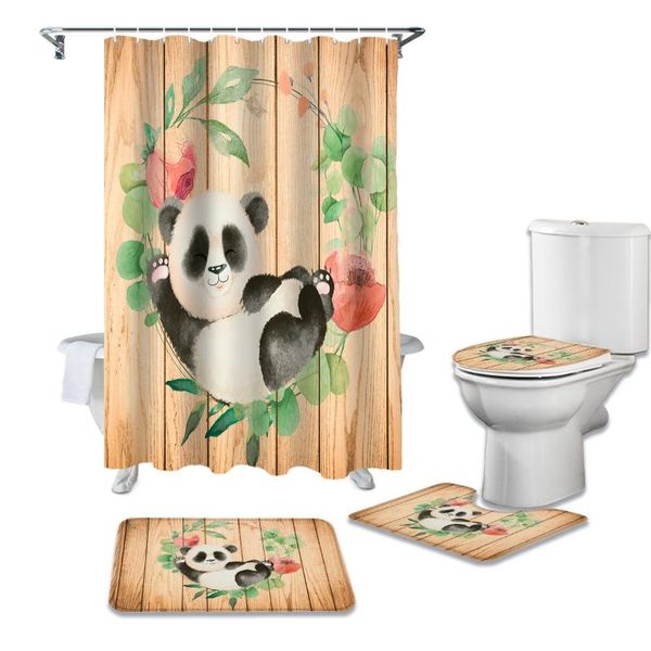 

shower curtains watercolor panda wood grain flowers curtain sets non-slip rugs toilet lid cover and bath mat waterproof bathroom