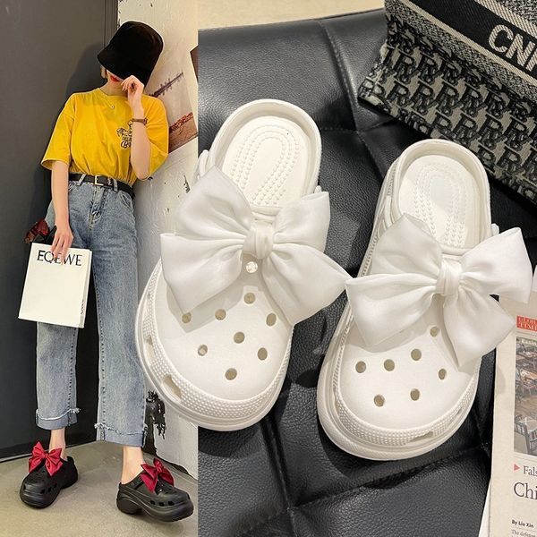 

luxury slippers style muffin bottom bow tie hole sho women's slippers for summer 2021, Black