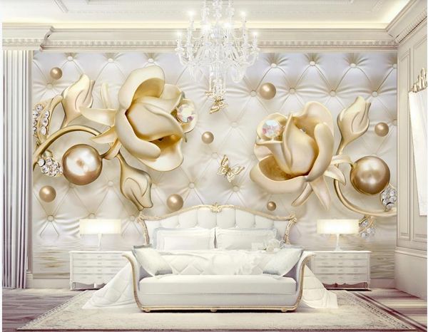 Wandbilder Tapete für Wohnzimmer 3D Stereo Golden Rose Weiche Paket Ball Schmuck Wallpaper TV Hintergrund Wand