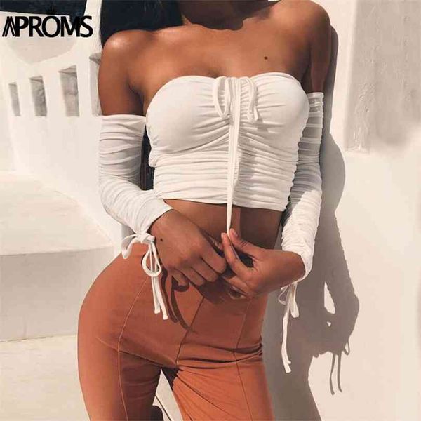 Apromentos Off Off Ombro Crop Tops Casual Ruched Plissado T-shirt Branco Mulheres Manga Curta Cropped Camisetas Para Roupas 210720