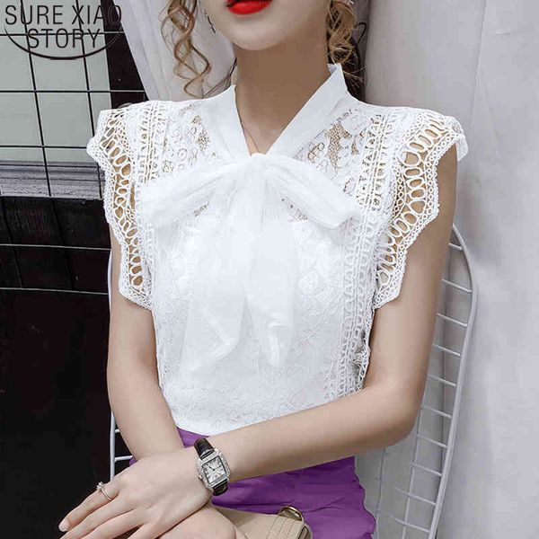 Сексуальные пустые женские белые кружевные рубашки с коротким рукавом летние корейские моды без рукавов женские топы и блузки 9811 210417