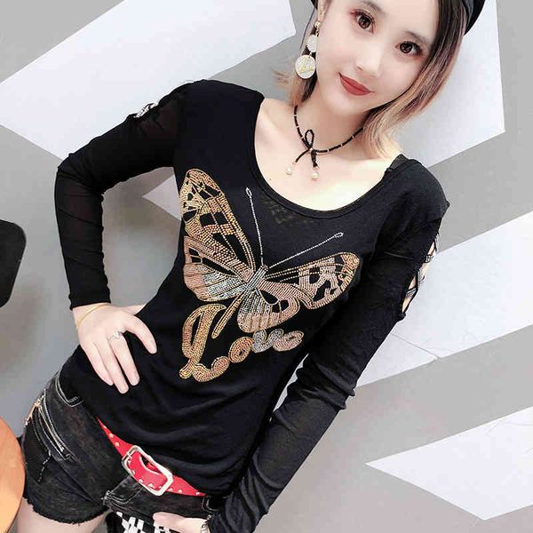 

women's t-shirt korean diamonds butterfly tshirt autumn winter women hollow out long sleeve back shirt clothes streetwear t988, White
