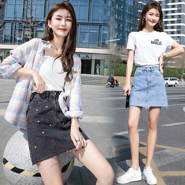 

skirts 2021 female bodycon skirt fashion high waist embroidery love denim, Black