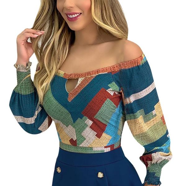 

women's t-shirt women off shoulder crop camo color block long sleeve printed shirt blouse one-shoulder hollow square dot print, White