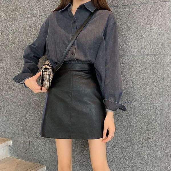 

skirts leather retro slim fit high waist pack hip a word skirt for women short spring autumn accessory brandy clothes korean style pu, Black