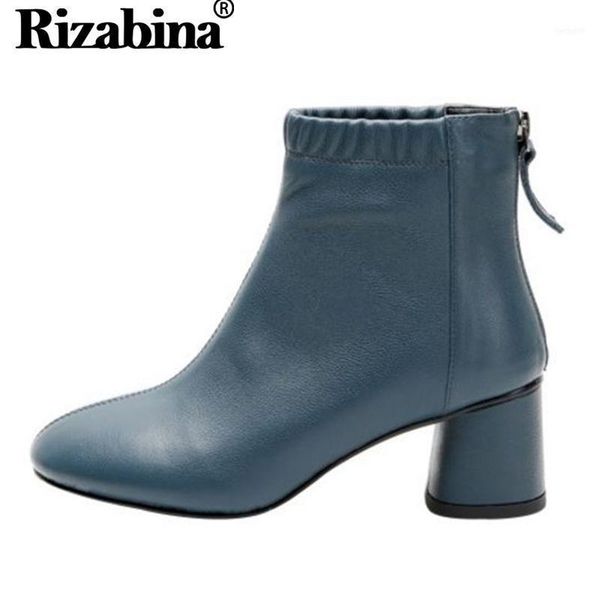 

boots rizabina women 2021 office ladies real leather ankle zipper retro simple round toe short shoes size 33-4111, Black