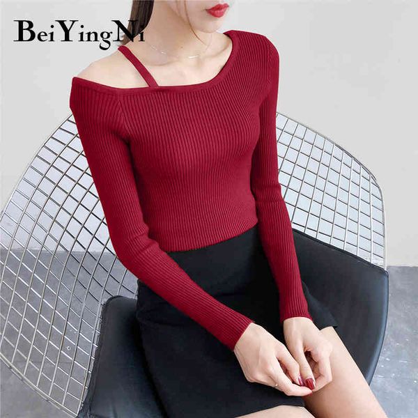 

fashion long sleeve female knitwear casual off shoulder skinny women sweater vintage knit jumper femme pullovers 210427, White;black