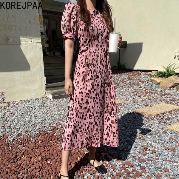 Korejpaa Frauen Kleid Sommer Koreanische Chic Western-Stil Rosa Leopard Print Rundhals Schlanke Taille Puff Sleeve Chiffon Vestidos 210526