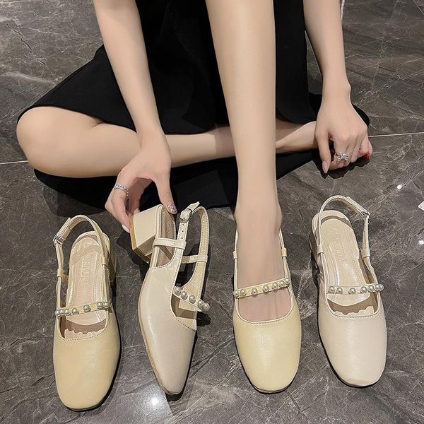 

sandals beige heeled 2021 summer shoes closed toe all-match buckle med black pearl fashion open block strap girls medium