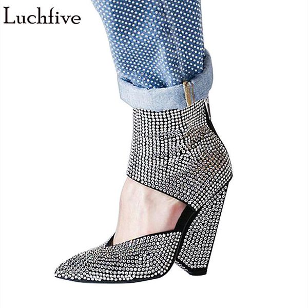 

boots luchfive studed rhinestone for women t-show pumps pointed toe spike high heel ankle 2021 style, Black