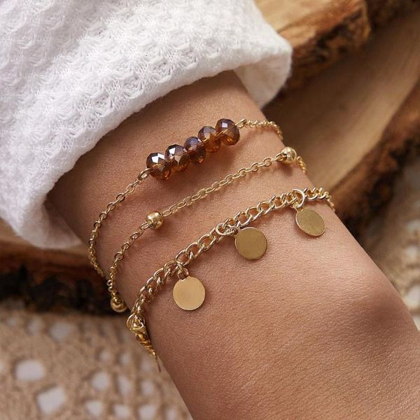 

charm bracelets bohemia 3pcs/set brown irregular beads chain bangles for women retro geometric sequins bracelet set party jewelry 909, Golden;silver