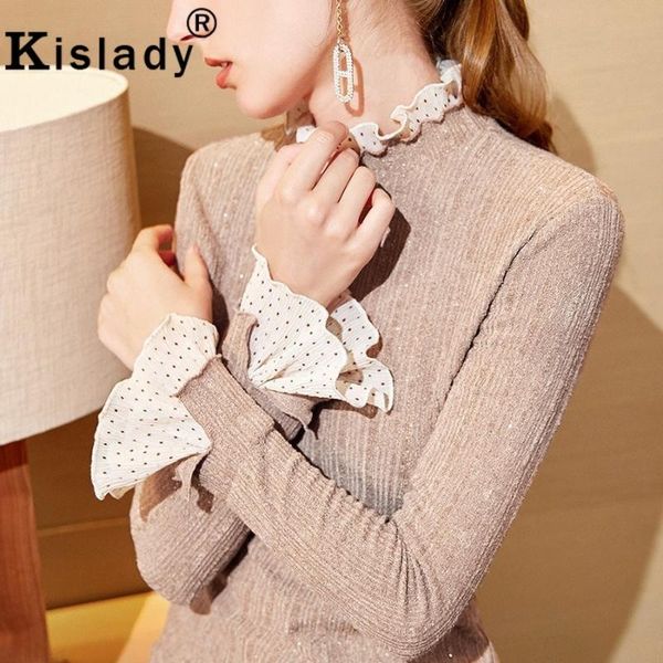 

women's t-shirt 2021 fall winter fashion shining silk shirts long flare sleeve turtleneck ol plus size christmas shirt, White