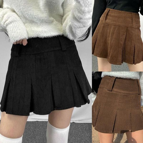 

skirts women's fashion solid color corduroy pleated short skirt, Black