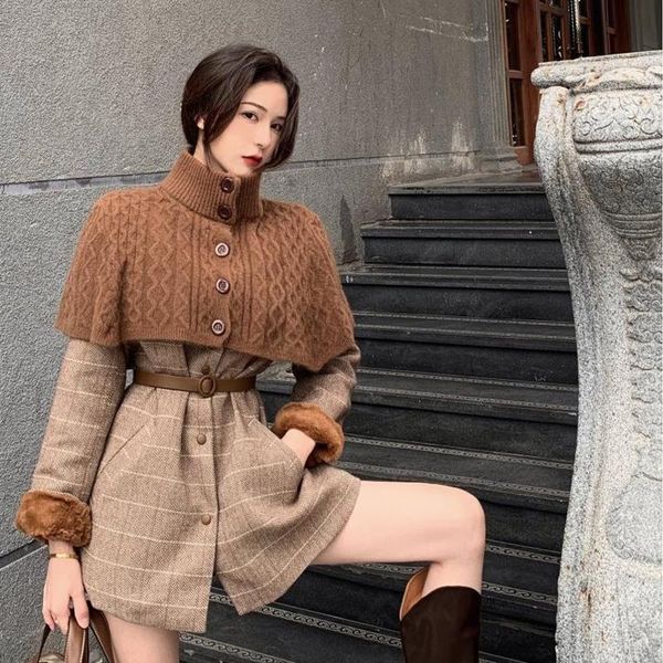 

hstar autumn faux woolen coat plush thicken shawl plaid sense of design fashion sashes all-match warm women's two piece pants, White