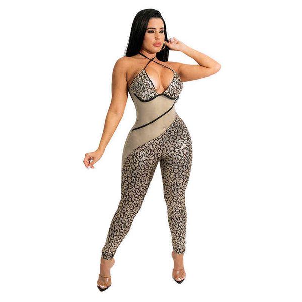 

women fashion print halter lace up party jumpsuits overalls backless club romper skinny autumn see through jumpsuit 211115, Black;white