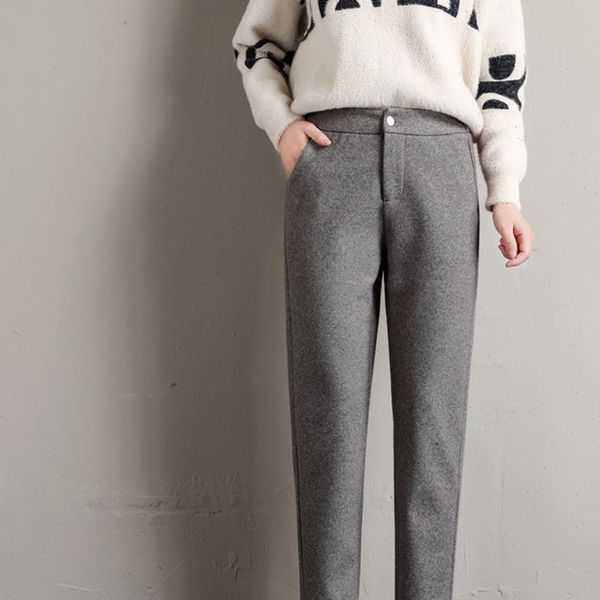 

yuey woolen harem autumn winter womens capris pencil feet thicken slim wool cropped trousers casual gray elastic waist, Black;white