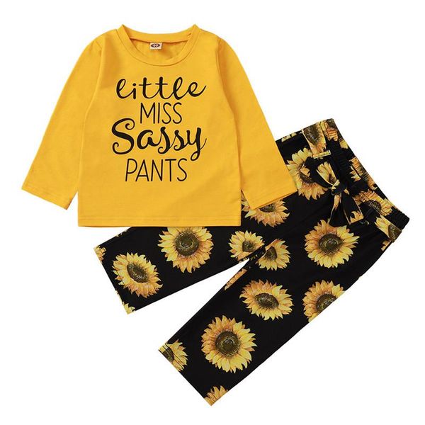 

clothing sets children's two piece set round neck long sleeve letter printed shirt sunflower floral elastic band bow trousers for kids, White