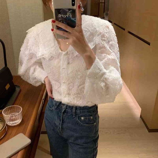 

comelchic vintage loose retro mesh basic lady fashion women shirt lace all match casual blouses 210515, White