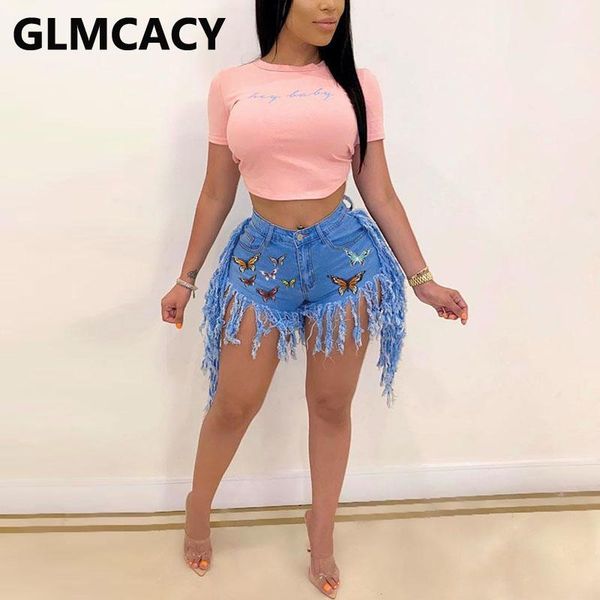 

women butterfly fringe tassel denim shorts club outfit jeans high waist skinny jean women's, Blue