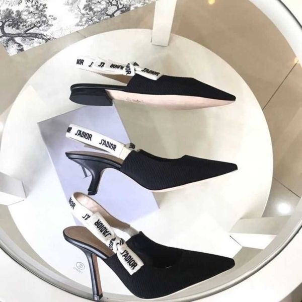 

high heeled sandals women's dd letter stripe bow new european and american fashion brand pointed back elastic band women's shoes, Black