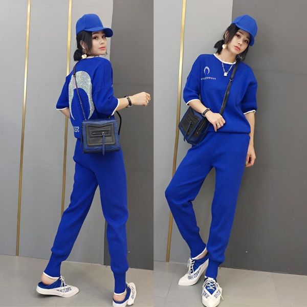

fashion knitted suits female drill sleeve sweater and casual pants 2021 fall o-neck half elastic waist cotton two-piece women's tracksu, Gray