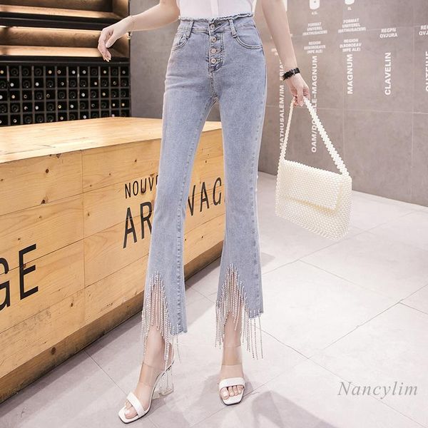 

diamond tassel denim bell-bottom pants women temperament elegant cropped trousers slim fit burrs flared jeans lady light blue women's