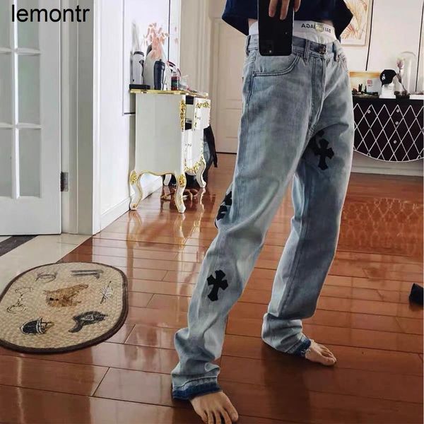 

men's jeans european and american fashion brand ch cros women's loose straight tube retro washed casual leather cross, Blue