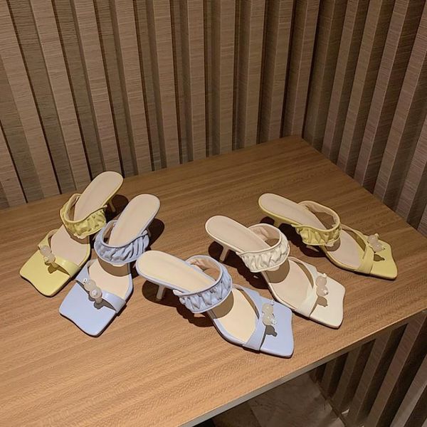 

sandals 2021 summer mid-heel stiletto solid color flip flops square toe pigskin fashion hollow women's shoes slippers, Black