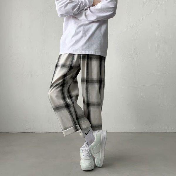 

men casual pants retro plaid wide leg loose elastic waist ankle length straight korean style male ins chic all-match streetwear, Black