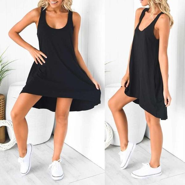 

casual dresses women sleeveless loose solid dress summer swing mini sundress shirt, Black;gray