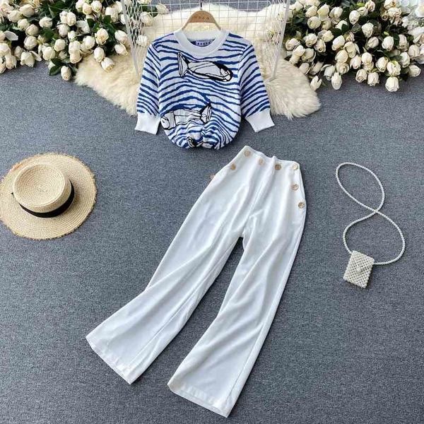 

temperament ladies summer suits women's knitted short-sleeved wild retro double-breasted wide-leg pants 210525, White