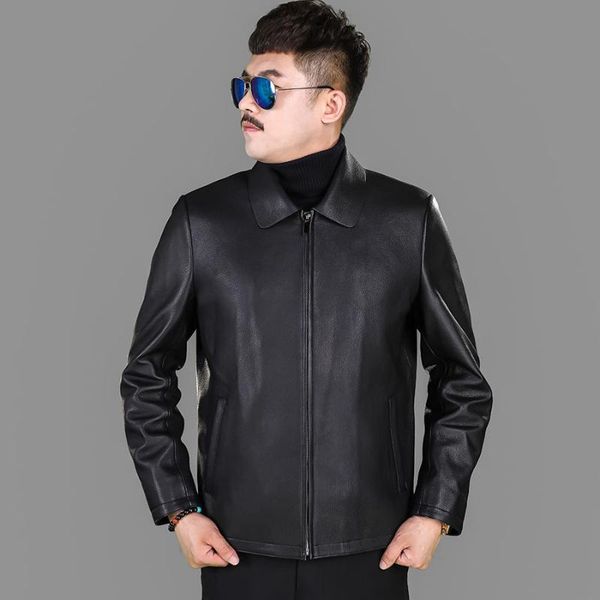 

men's leather & faux haining natural first layer deerskin jacket middle-aged slim fit short lapel trend coat for men, Black