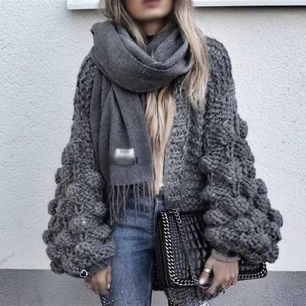 

female cardigan women's sweater lazy 3d ballsfloral crochet women loose knit lantern sleeve coarse wool pull femme hiver1, White;black