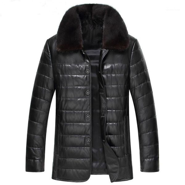 

men's leather & faux genuine jacket men thick duck down real collar coat mens sheepskin jackets1302 my728, Black