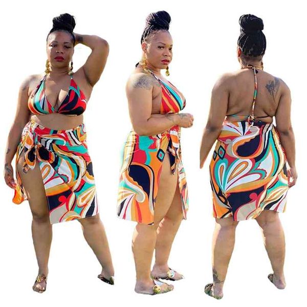 Plus Size 3 Peça Bikini Set Mulheres Atacado Imprimir Cintura Alta Cintura Fio Livre Top Beatch Bathing Ternos de Verão Drop 210629